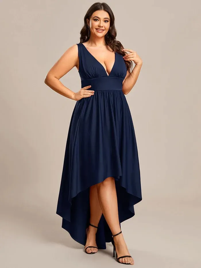 Plus High Low Deep V Neck Sleeveless Plus Size Evening Dress