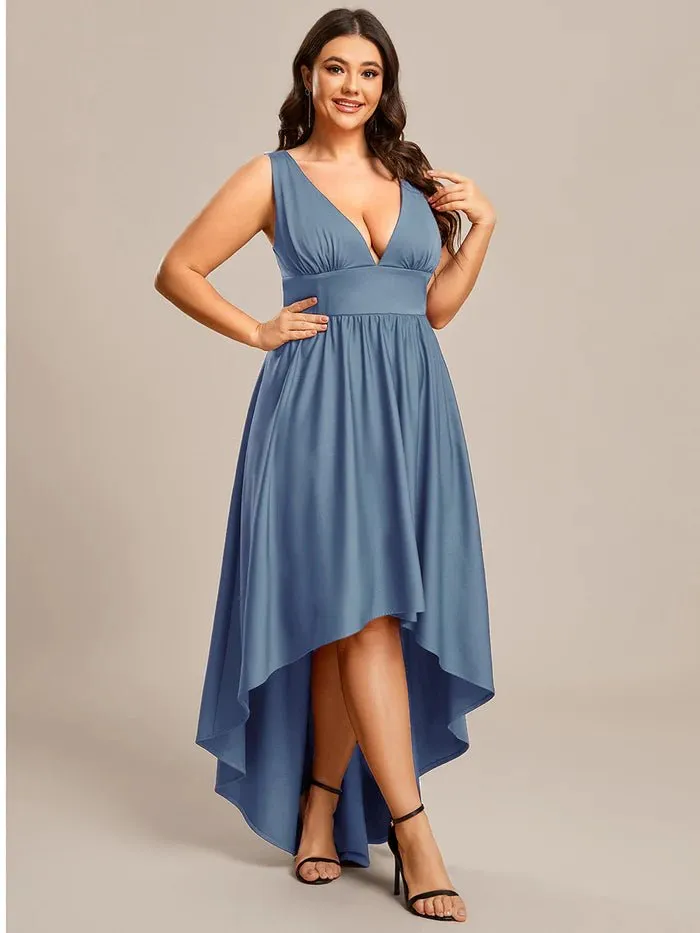 Plus High Low Deep V Neck Sleeveless Plus Size Evening Dress