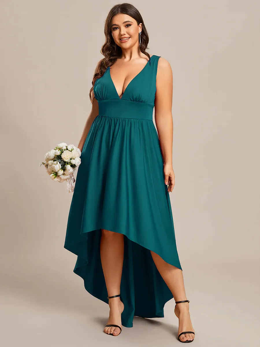 Plus High Low Deep V Neck Sleeveless Plus Size Evening Dress