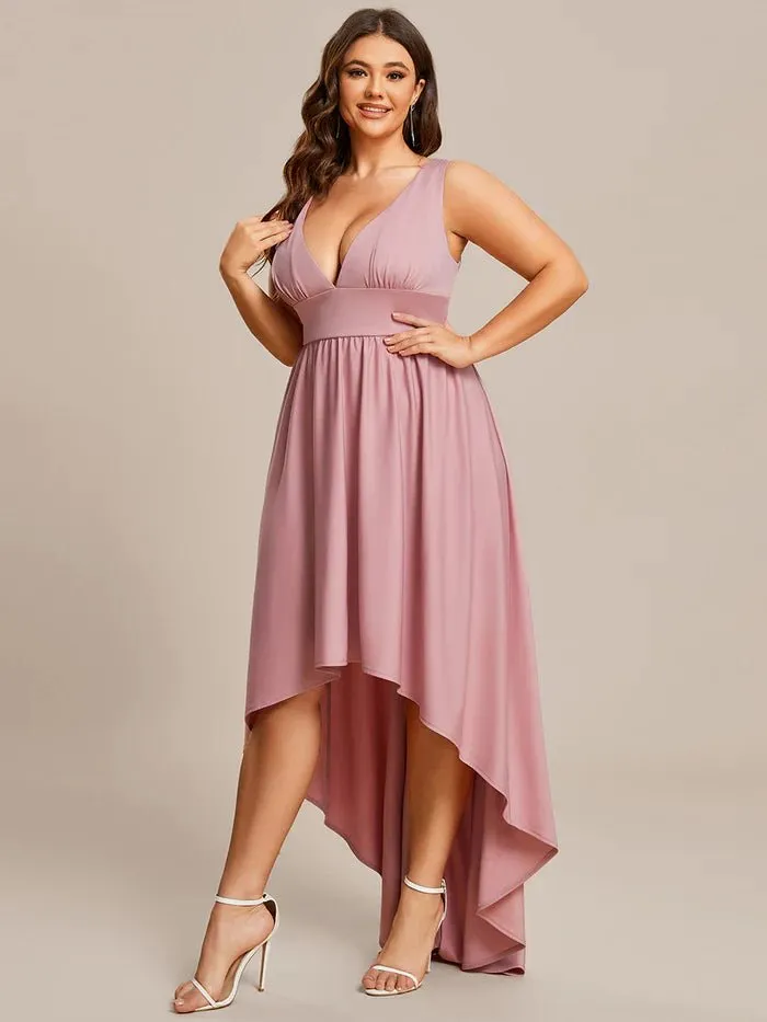 Plus High Low Deep V Neck Sleeveless Plus Size Evening Dress