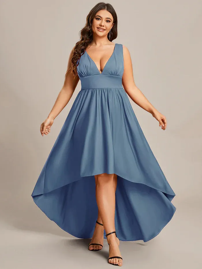 Plus High Low Deep V Neck Sleeveless Plus Size Evening Dress