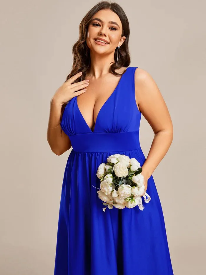 Plus High Low Deep V Neck Sleeveless Plus Size Evening Dress