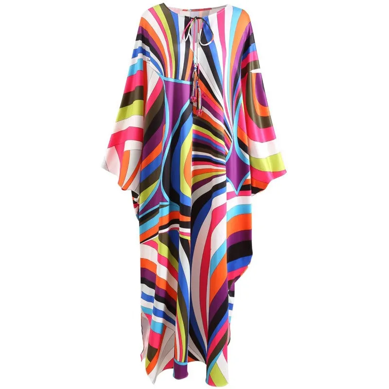 Pre Order:  Colorful Striped Round Neck Beaded Knit Silk Long Dress