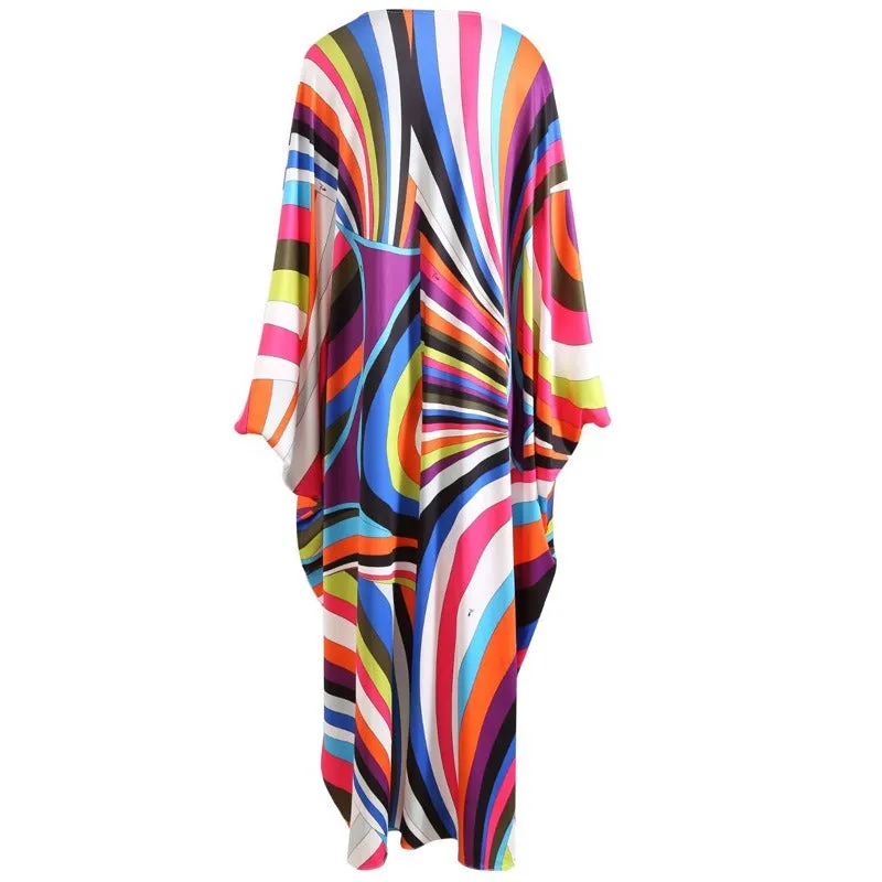 Pre Order:  Colorful Striped Round Neck Beaded Knit Silk Long Dress