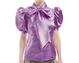 Puffy Sleeve Satin Blouse With Neck Bow