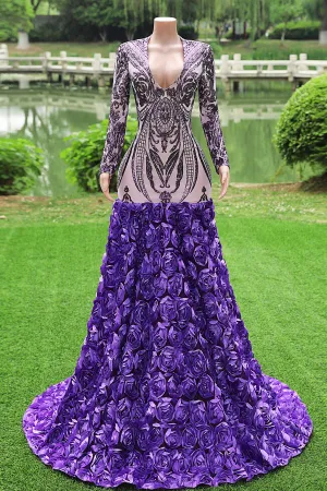 Purple Rose Prom Dresses Sequined V Neck Mermaid Evening Party Dresses Flowers Long Sleeves Pageant Gown