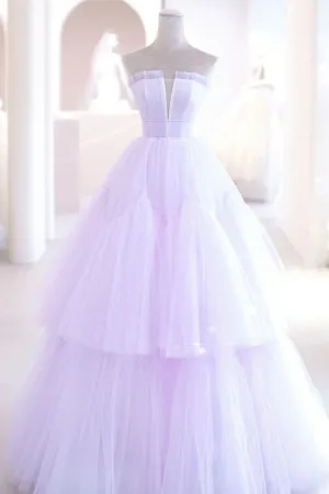 Purple Strapless Tulle Long Formal Gown Purple A-Line Evening Dress