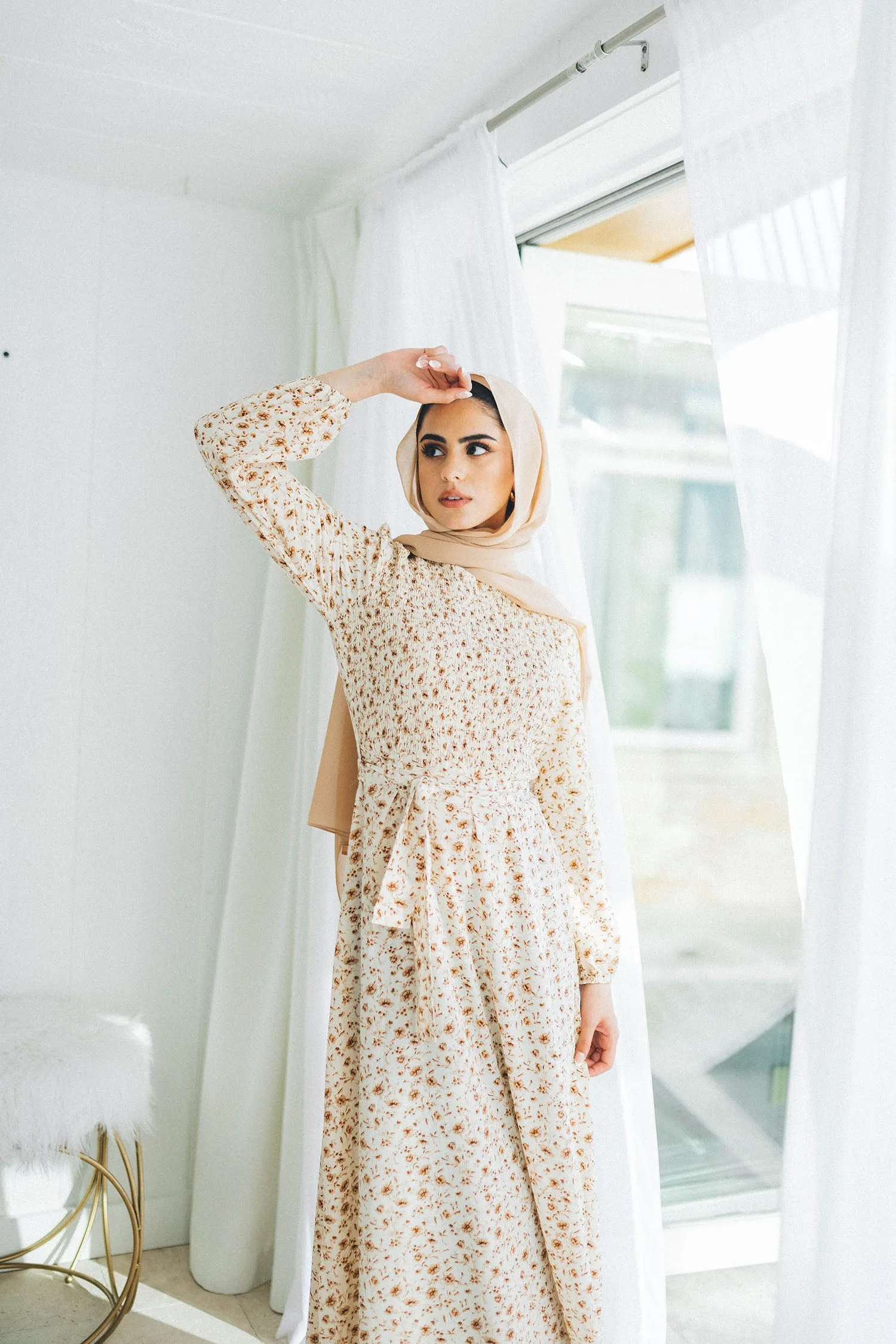 Raven Floral Shirred Dress- Cream