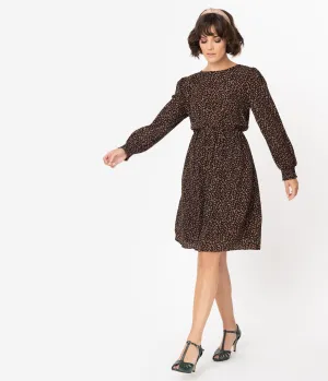 Retro Style Black & Brown Print Long Sleeve Flare Dress
