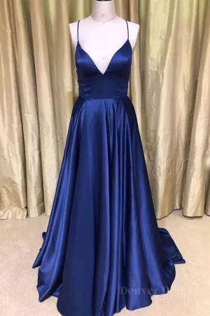 Royal Blue V Neck Backless Satin Long Prom Dresses Royal Blue Formal Dresses Backless Royal Blue Evening Dresses