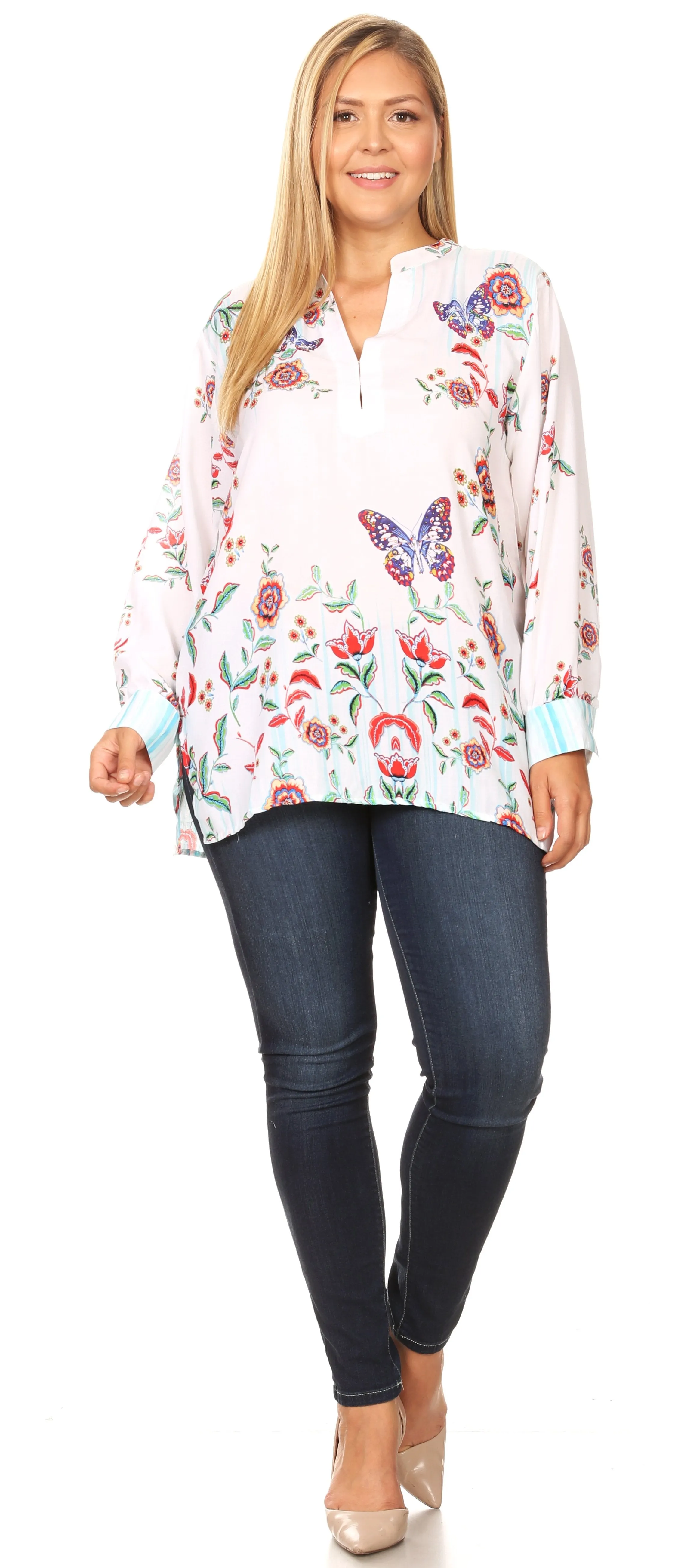 Sakkas Fara Women's Casual Floral Print Lightweight Long Sleeve Blouse Tunic Top