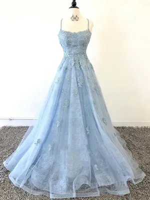 Scoop Neck Light Blue Backless Lace Prom Dresses Scoop Neck Blue Lace Formal Evening Dresses