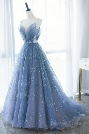 Shiny Tulle V Neck Blue Long Prom Dress Blue Tulle Formal Evening Dress Blue Ball Gown