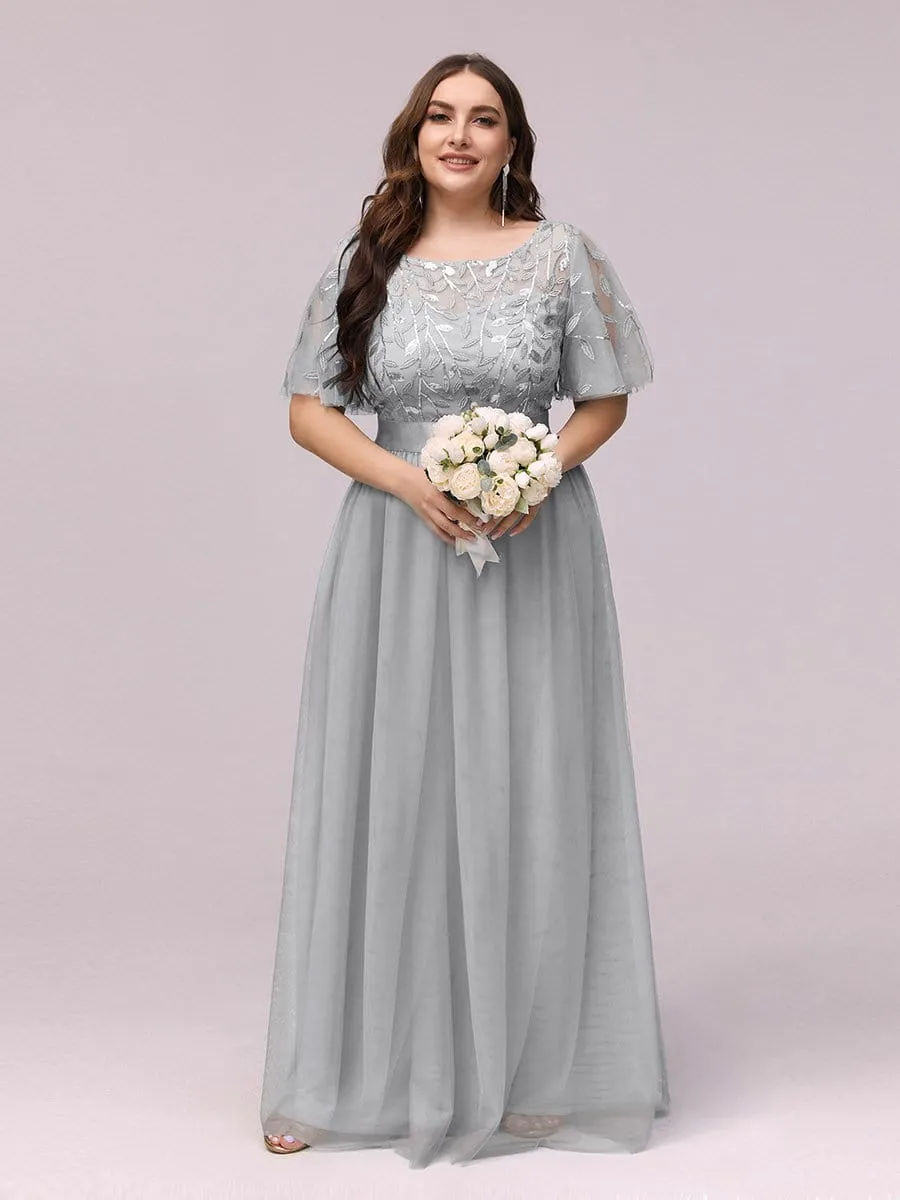 Women's A-Line Short Sleeve Embroidery Floor Length Evening Dresses